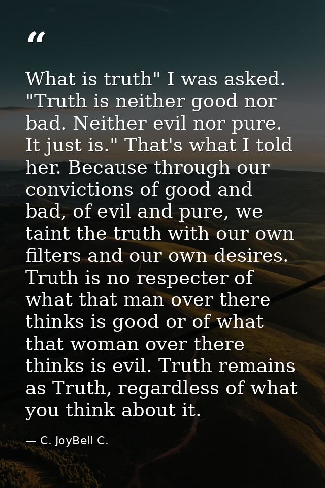 What is truth" I was asked. "Truth is neither good nor bad. Neither evil nor pure. It just is." That's what I told her.  — C. JoyBell C.