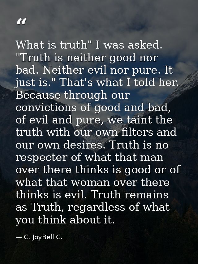 What is truth" I was asked. "Truth is neither good nor bad. Neither evil nor pure. It just is." That's what I told her.  — C. JoyBell C.