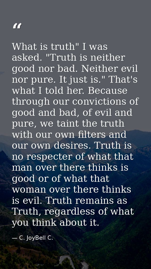 What is truth" I was asked. "Truth is neither good nor bad. Neither evil nor pure. It just is." That's what I told her.  — C. JoyBell C.