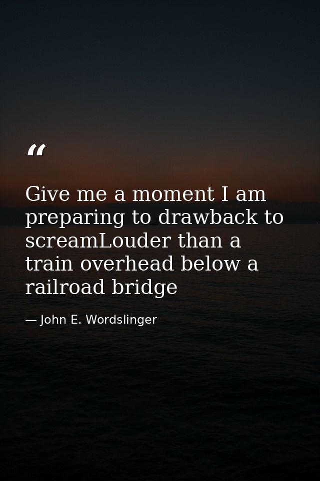 Give me a moment I am preparing to drawback to screamLouder than a train overhead below a railroad bridge — John E. Wordslinger