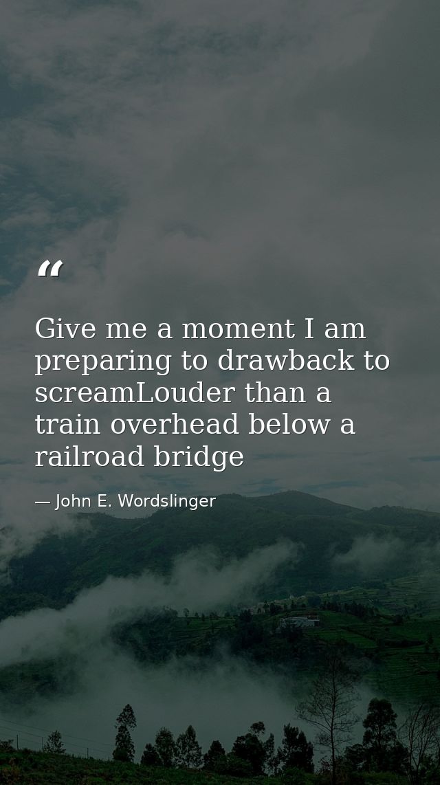Give me a moment I am preparing to drawback to screamLouder than a train overhead below a railroad bridge — John E. Wordslinger
