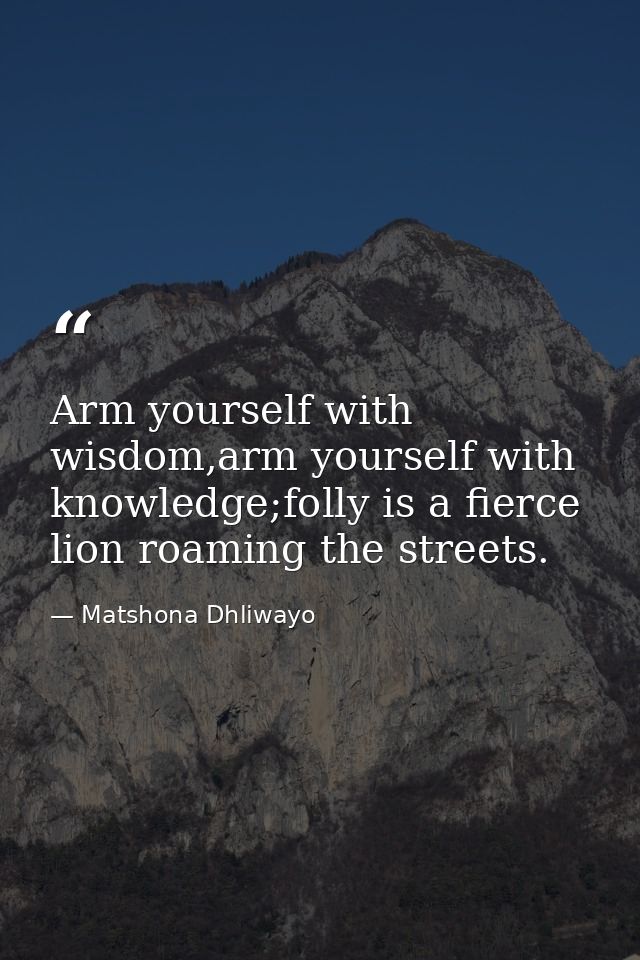Arm yourself with wisdom,arm yourself with knowledge;folly is a fierce lion roaming the streets. — Matshona Dhliwayo