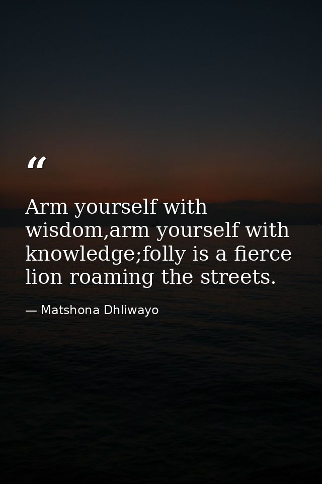 Arm yourself with wisdom,arm yourself with knowledge;folly is a fierce lion roaming the streets. — Matshona Dhliwayo