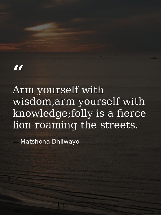 Arm yourself with wisdom,arm yourself with knowledge;folly is a fierce lion roaming the streets. — Matshona Dhliwayo