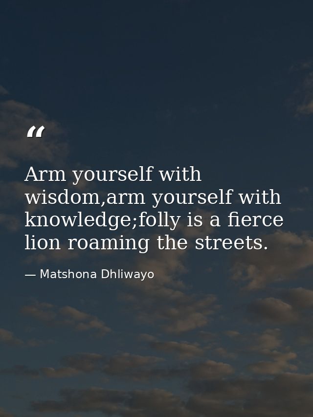 Arm yourself with wisdom,arm yourself with knowledge;folly is a fierce lion roaming the streets. — Matshona Dhliwayo