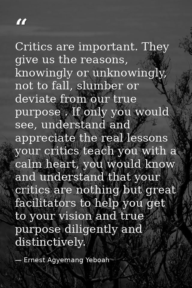 Critics are important. They give us the reasons, knowingly or unknowingly, not to fall, slumber or deviate from our true — Ernest Agyemang Yeboah