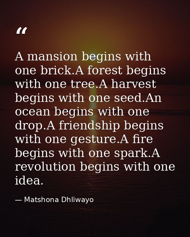 A mansion begins with one brick.A forest begins with one tree.A harvest begins with one seed.An ocean begins with one dr — Matshona Dhliwayo