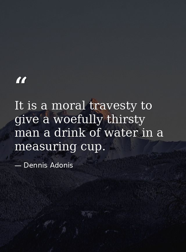 It is a moral travesty to give a woefully thirsty man a drink of water in a measuring cup. — Dennis Adonis