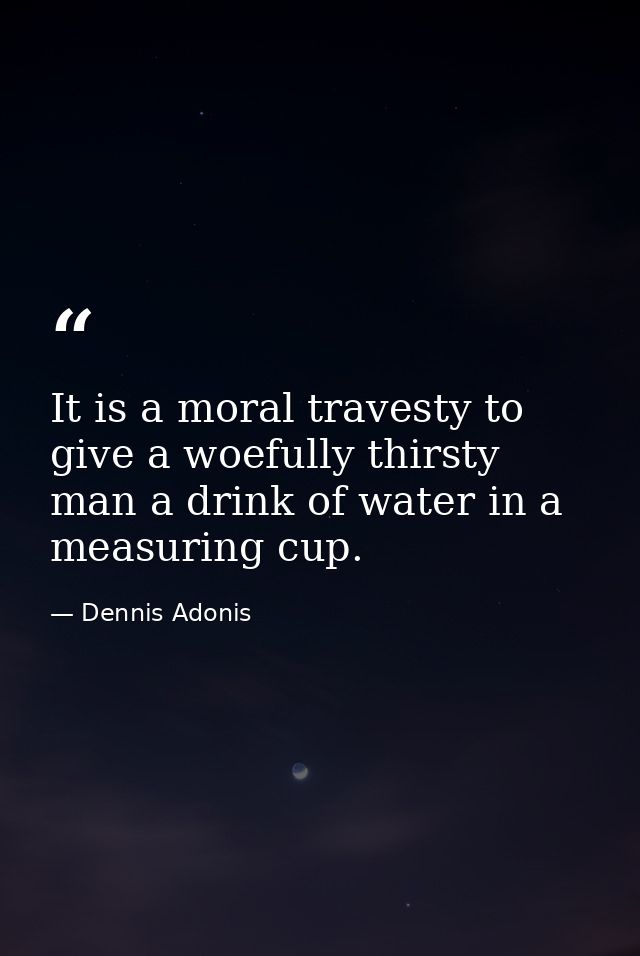 It is a moral travesty to give a woefully thirsty man a drink of water in a measuring cup. — Dennis Adonis