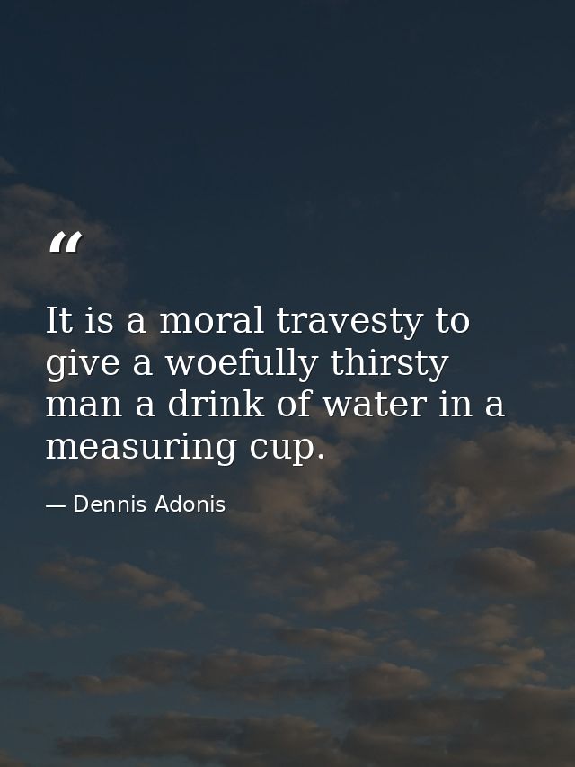 It is a moral travesty to give a woefully thirsty man a drink of water in a measuring cup. — Dennis Adonis