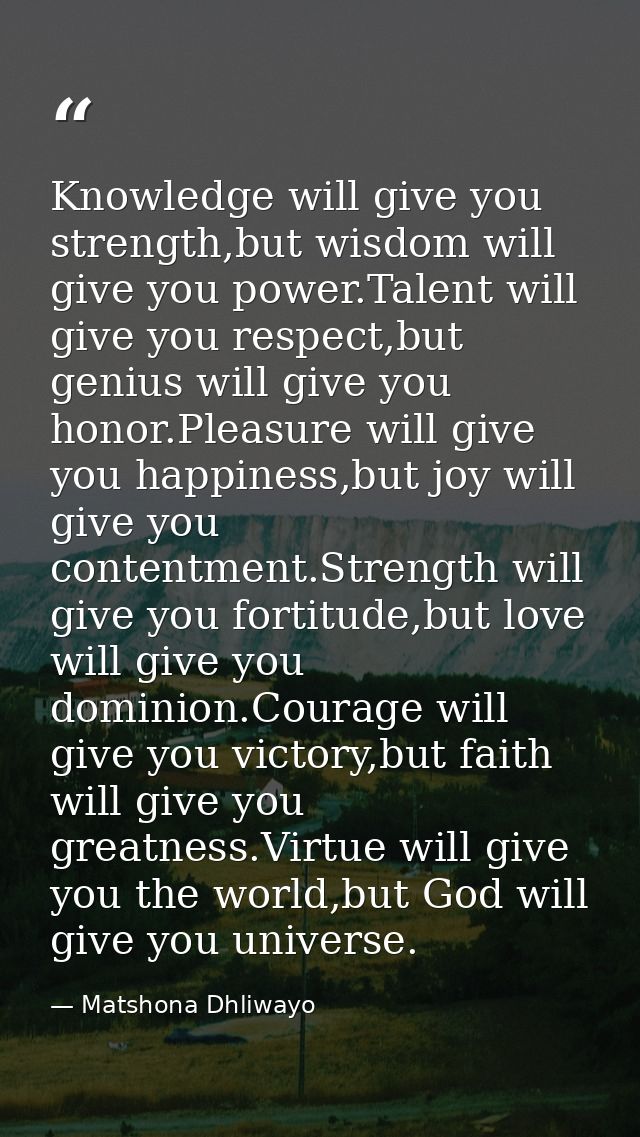 Knowledge will give you strength,but wisdom will give you power.Talent will give you respect,but genius will give you ho — Matshona Dhliwayo