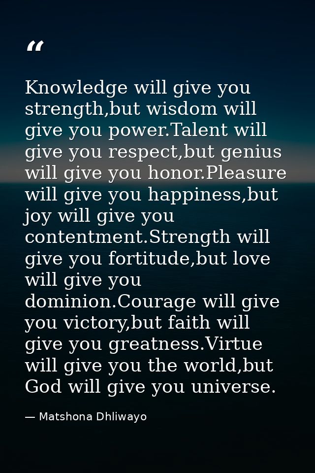 Knowledge will give you strength,but wisdom will give you power.Talent will give you respect,but genius will give you ho — Matshona Dhliwayo
