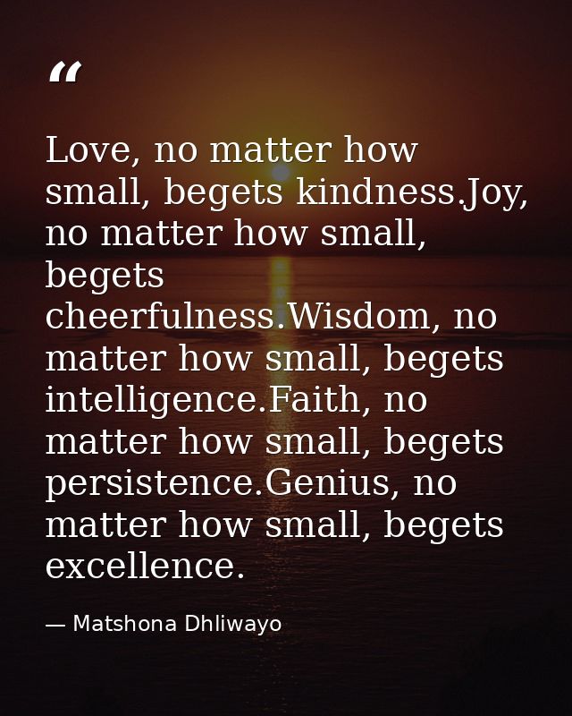 Love, no matter how small, begets kindness.Joy, no matter how small, begets cheerfulness.Wisdom, no matter how small, be — Matshona Dhliwayo