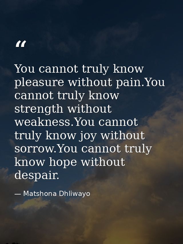You cannot truly know pleasure without pain.You cannot truly know strength without weakness.You cannot truly know joy wi — Matshona Dhliwayo