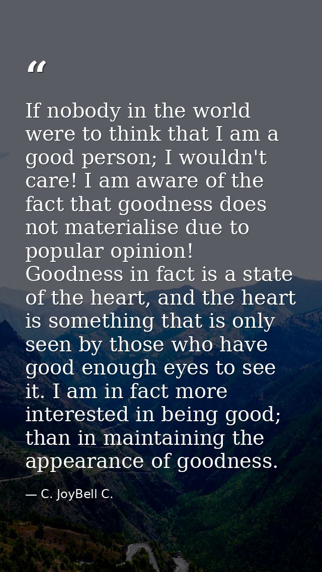 If nobody in the world were to think that I am a good person; I wouldn't care! I am aware of the fact that goodness does — C. JoyBell C.