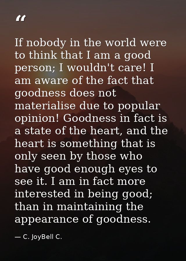 If nobody in the world were to think that I am a good person; I wouldn't care! I am aware of the fact that goodness does — C. JoyBell C.