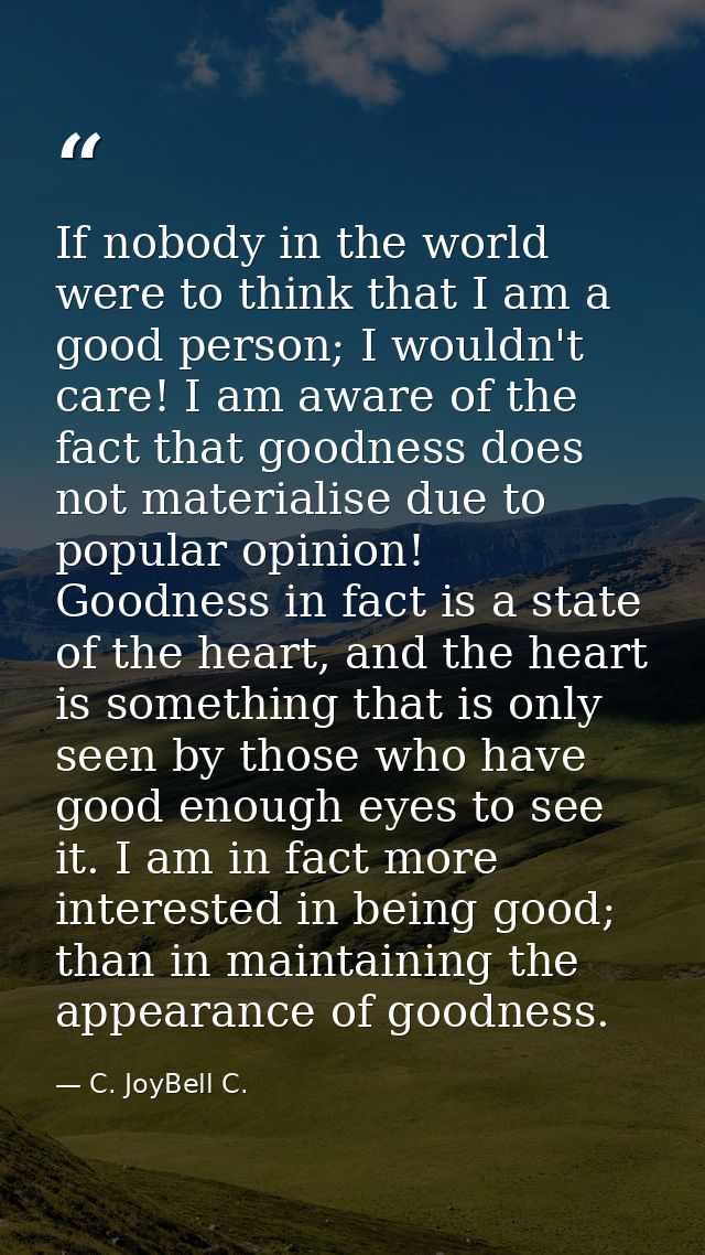 If nobody in the world were to think that I am a good person; I wouldn't care! I am aware of the fact that goodness does — C. JoyBell C.