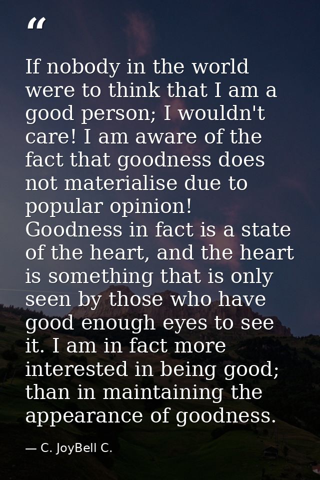 If nobody in the world were to think that I am a good person; I wouldn't care! I am aware of the fact that goodness does — C. JoyBell C.