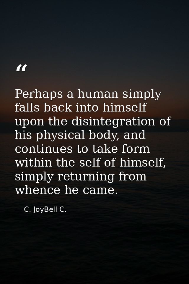 Perhaps a human simply falls back into himself upon the disintegration of his physical body, and continues to take form  — C. JoyBell C.