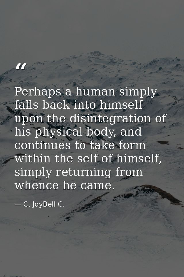 Perhaps a human simply falls back into himself upon the disintegration of his physical body, and continues to take form  — C. JoyBell C.