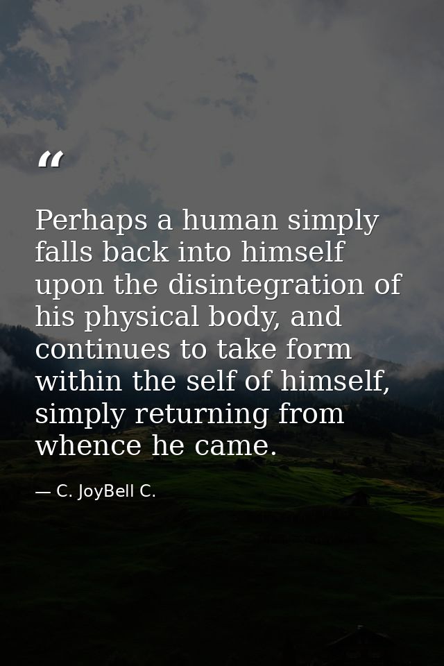 Perhaps a human simply falls back into himself upon the disintegration of his physical body, and continues to take form  — C. JoyBell C.