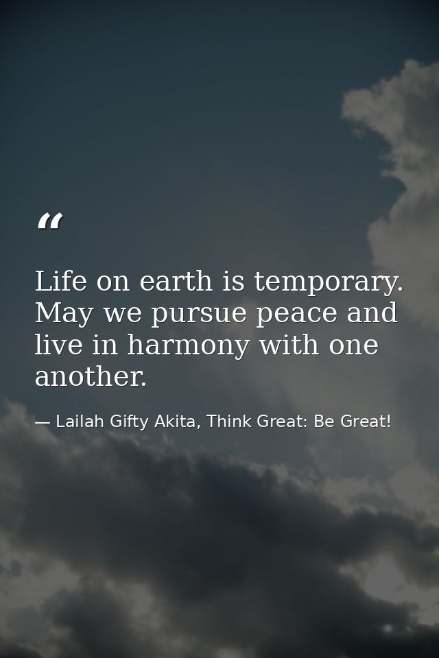 Life on earth is temporary. May we pursue peace and live in harmony with one another. — Lailah Gifty Akita, Think Great: Be Great!