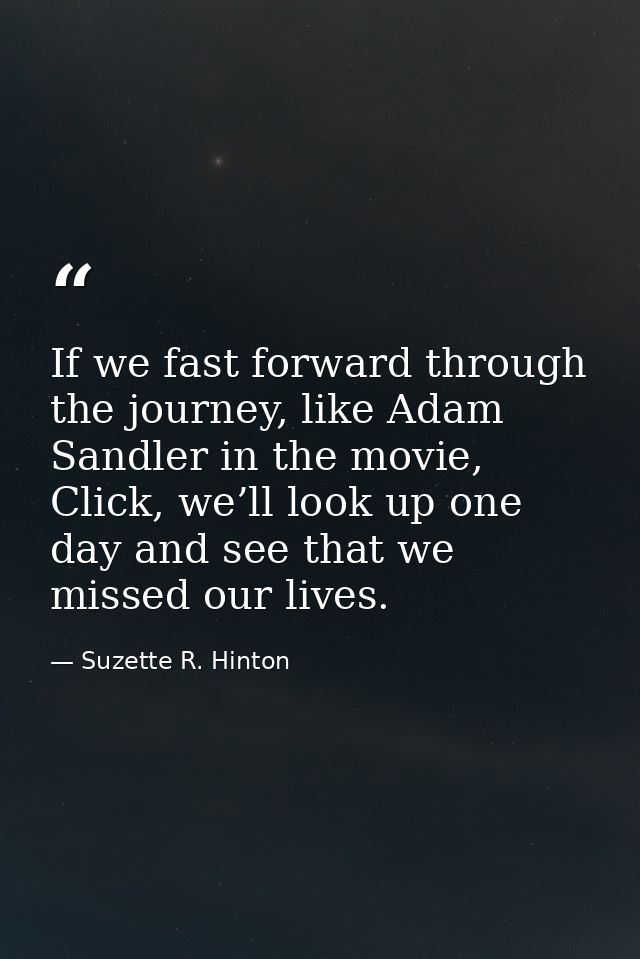 If we fast forward through the journey, like Adam Sandler in the movie, Click, we’ll look up one day and see that we mis — Suzette R. Hinton