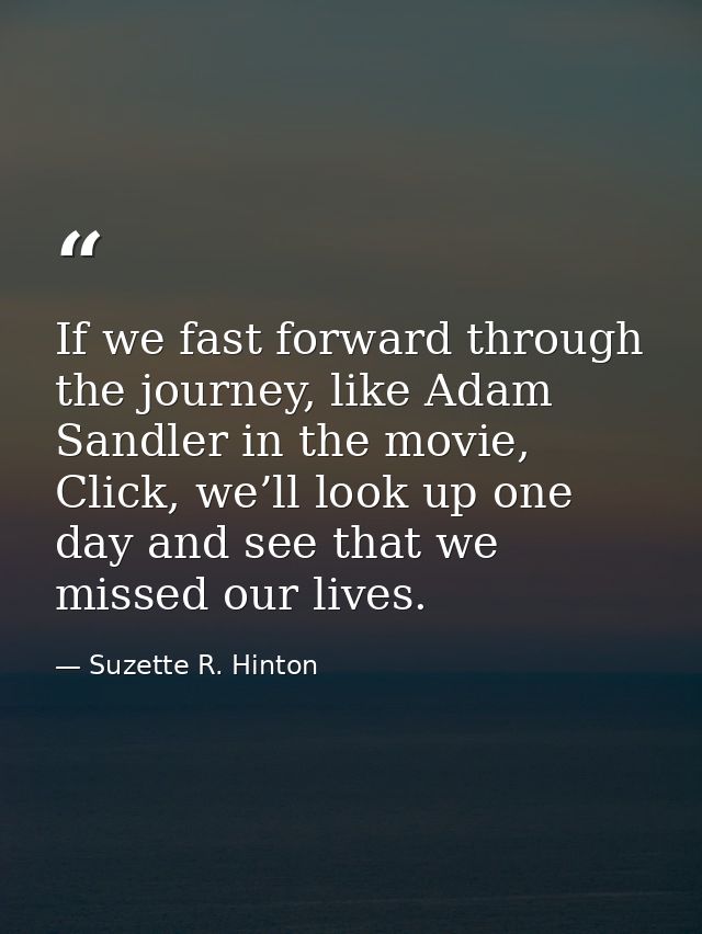 If we fast forward through the journey, like Adam Sandler in the movie, Click, we’ll look up one day and see that we mis — Suzette R. Hinton