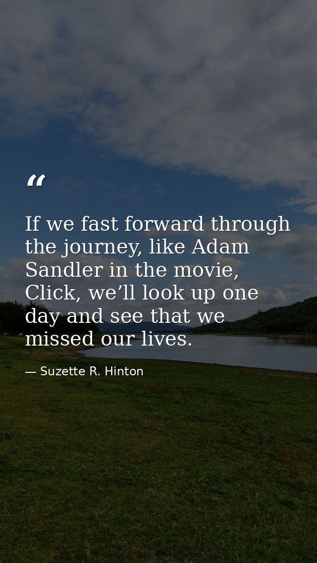 If we fast forward through the journey, like Adam Sandler in the movie, Click, we’ll look up one day and see that we mis — Suzette R. Hinton