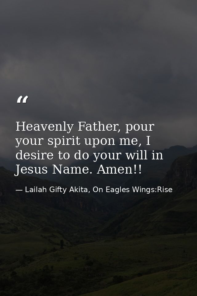 Heavenly Father, pour your spirit upon me, I desire to do your will in Jesus Name. Amen!! — Lailah Gifty Akita, On Eagles Wings:Rise