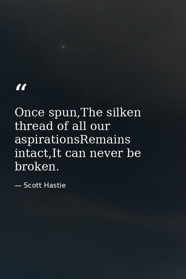 Once spun,The silken thread of all our aspirationsRemains intact,It can never be broken. — Scott Hastie
