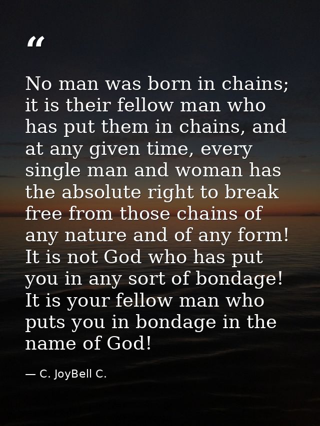 No man was born in chains; it is their fellow man who has put them in chains, and at any given time, every single man an — C. JoyBell C.