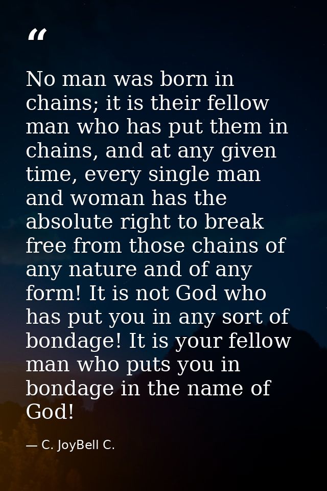 No man was born in chains; it is their fellow man who has put them in chains, and at any given time, every single man an — C. JoyBell C.