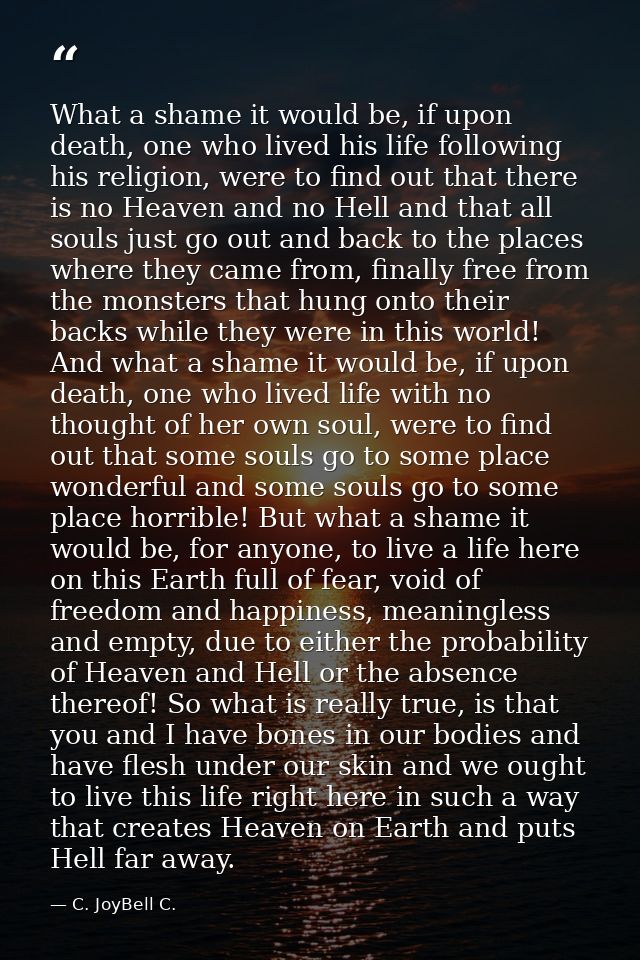 What a shame it would be, if upon death, one who lived his life following his religion, were to find out that there is n — C. JoyBell C.