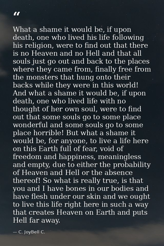 What a shame it would be, if upon death, one who lived his life following his religion, were to find out that there is n — C. JoyBell C.