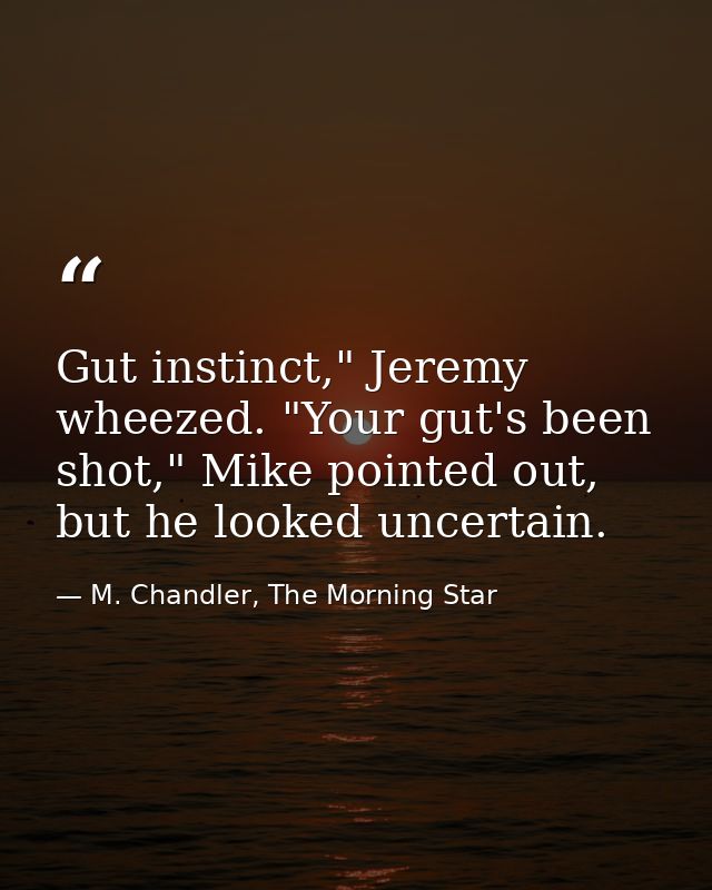 Gut instinct," Jeremy wheezed. "Your gut's been shot," Mike pointed out, but he looked uncertain. — M. Chandler, The Morning Star