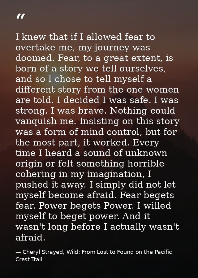 I knew that if I allowed fear to overtake me, my journey was doomed. Fear, to a great extent, is born of a story we tell — Cheryl Strayed, Wild: From Lost to Found on the Pacific Crest Trail