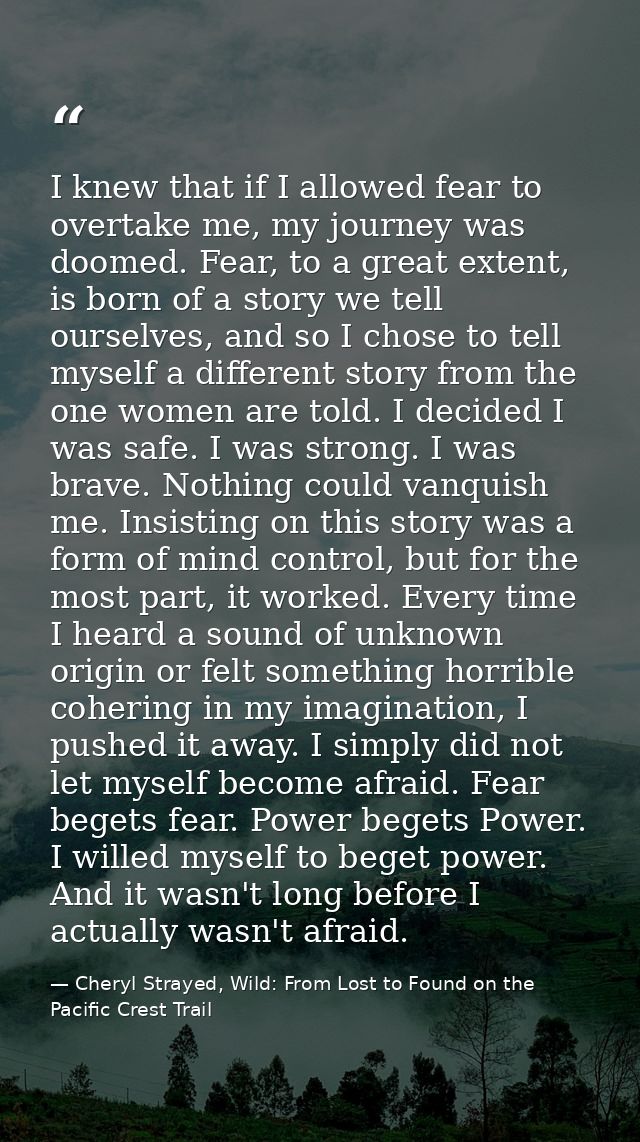 I knew that if I allowed fear to overtake me, my journey was doomed. Fear, to a great extent, is born of a story we tell — Cheryl Strayed, Wild: From Lost to Found on the Pacific Crest Trail