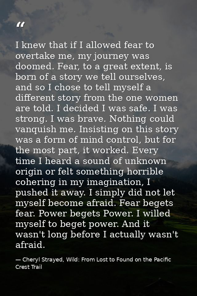 I knew that if I allowed fear to overtake me, my journey was doomed. Fear, to a great extent, is born of a story we tell — Cheryl Strayed, Wild: From Lost to Found on the Pacific Crest Trail