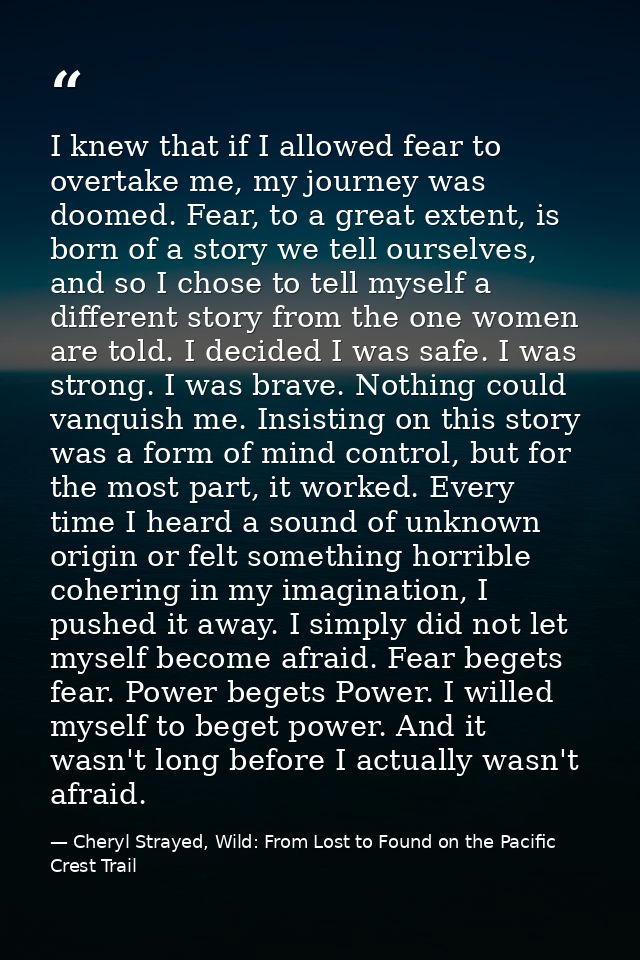 I knew that if I allowed fear to overtake me, my journey was doomed. Fear, to a great extent, is born of a story we tell — Cheryl Strayed, Wild: From Lost to Found on the Pacific Crest Trail