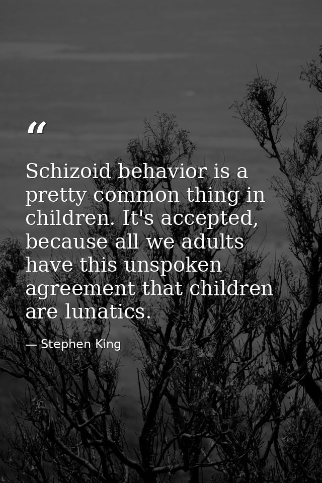 Schizoid behavior is a pretty common thing in children. It's accepted, because all we adults have this unspoken agreemen — Stephen King