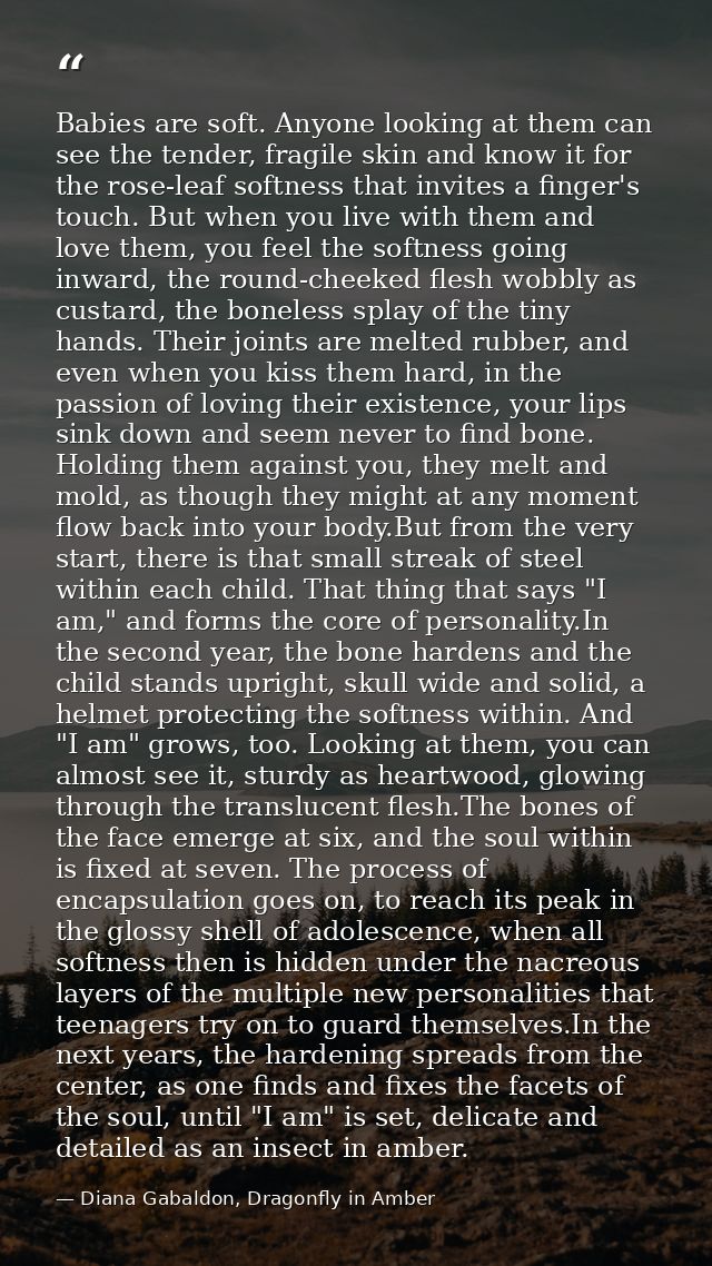 Babies are soft. Anyone looking at them can see the tender, fragile skin and know it for the rose-leaf softness that inv — Diana Gabaldon, Dragonfly in Amber