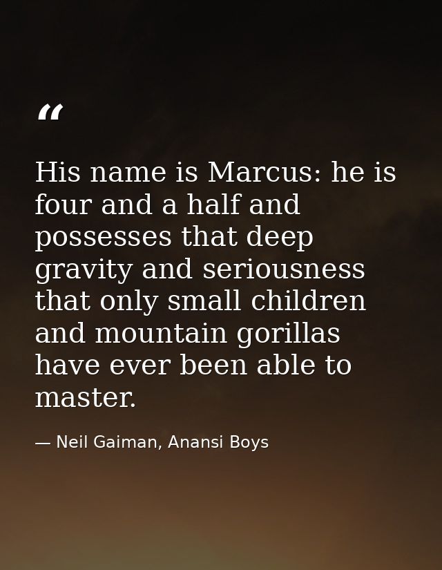 His name is Marcus: he is four and a half and possesses that deep gravity and seriousness that only small children and m — Neil Gaiman, Anansi Boys