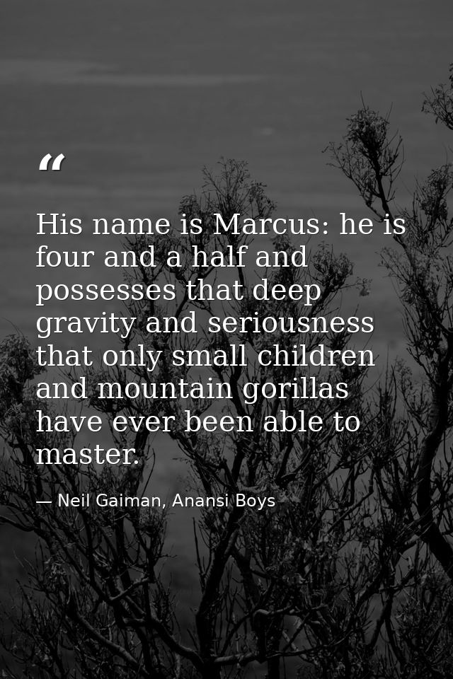 His name is Marcus: he is four and a half and possesses that deep gravity and seriousness that only small children and m — Neil Gaiman, Anansi Boys