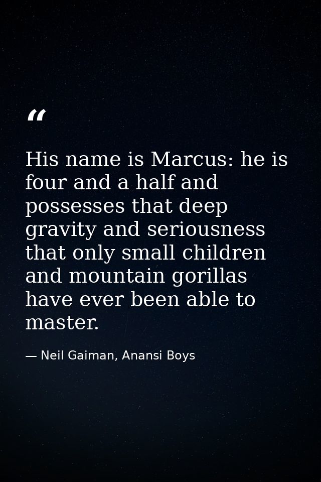 His name is Marcus: he is four and a half and possesses that deep gravity and seriousness that only small children and m — Neil Gaiman, Anansi Boys