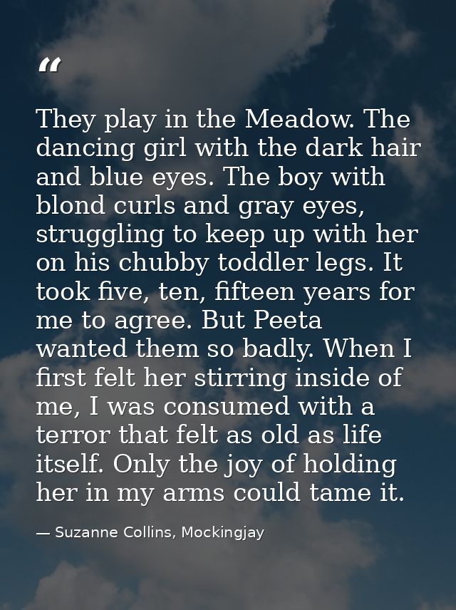They play in the Meadow. The dancing girl with the dark hair and blue eyes. The boy with blond curls and gray eyes, stru — Suzanne Collins, Mockingjay