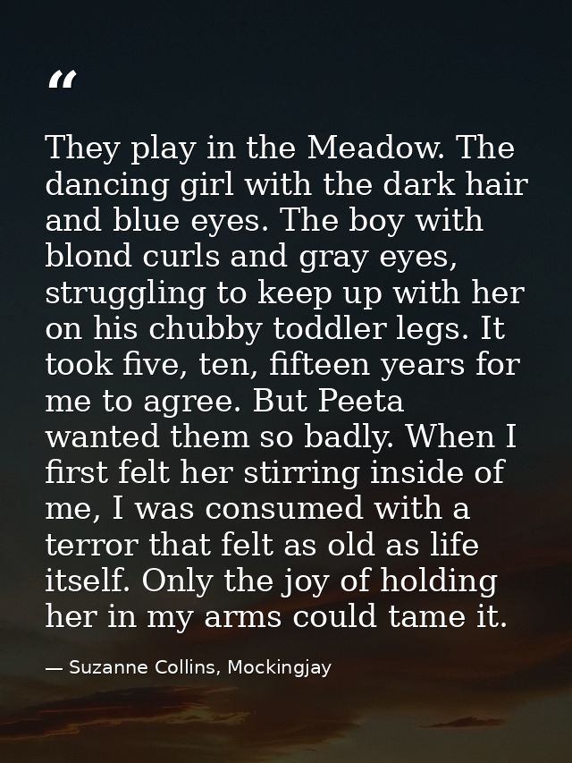 They play in the Meadow. The dancing girl with the dark hair and blue eyes. The boy with blond curls and gray eyes, stru — Suzanne Collins, Mockingjay
