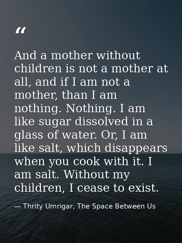 And a mother without children is not a mother at all, and if I am not a mother, than I am nothing. Nothing. I am like su — Thrity Umrigar, The Space Between Us