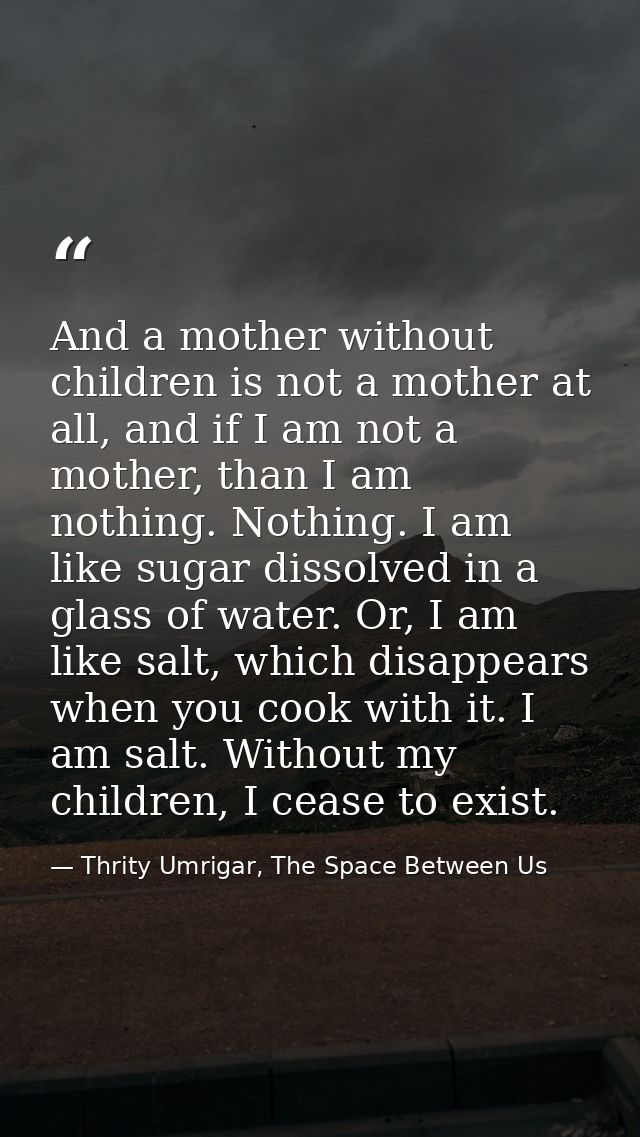 And a mother without children is not a mother at all, and if I am not a mother, than I am nothing. Nothing. I am like su — Thrity Umrigar, The Space Between Us