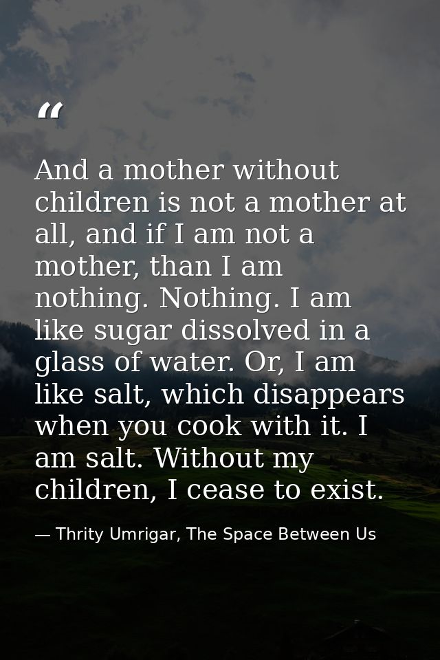 And a mother without children is not a mother at all, and if I am not a mother, than I am nothing. Nothing. I am like su — Thrity Umrigar, The Space Between Us